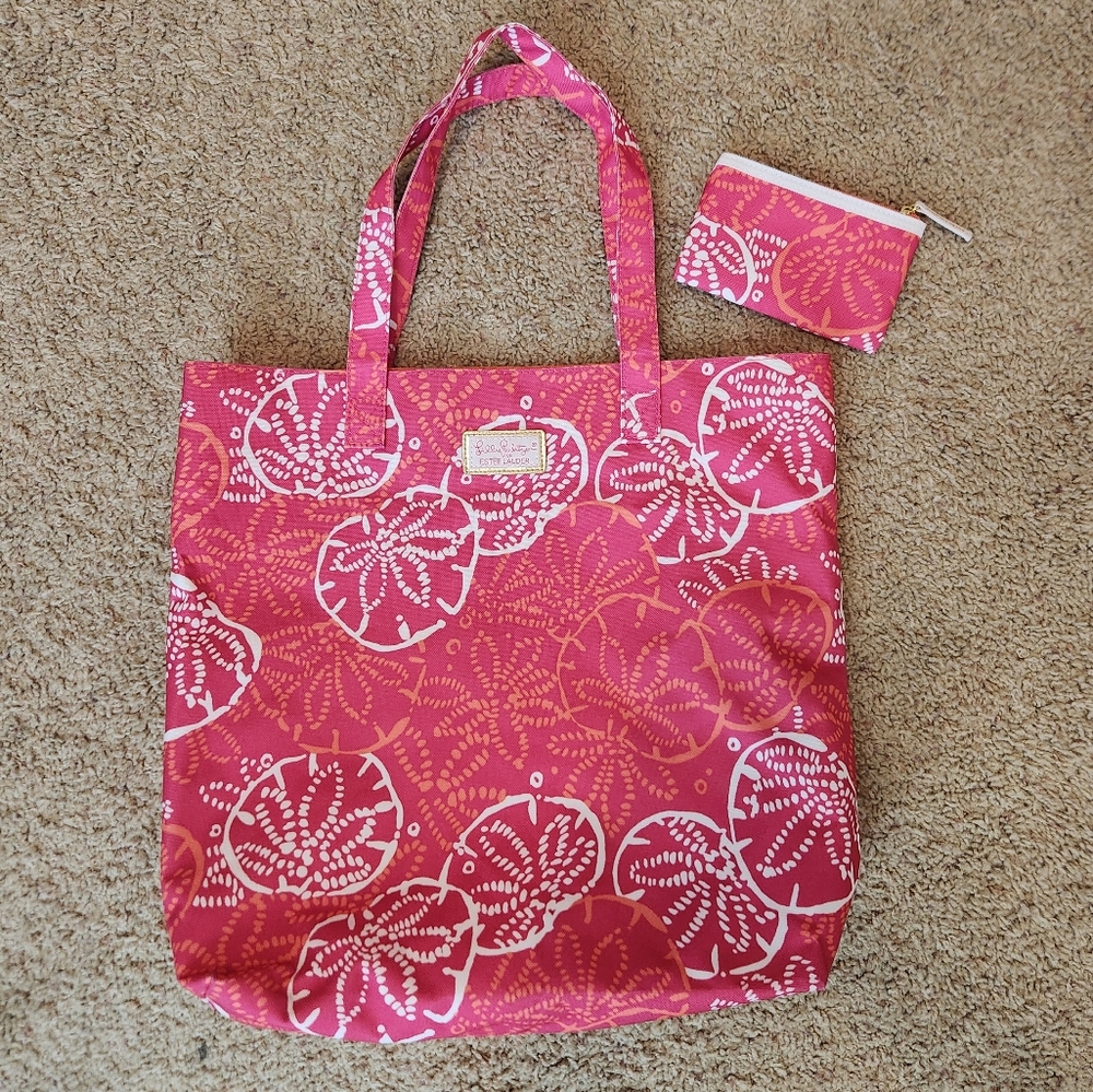 Lilly Pulitzer For Estee‎ Lauder Pink Sand Dollar Matching Tote & Coin Bag Set